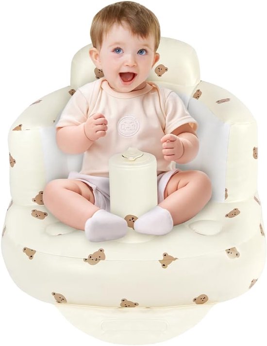 Opblaasbaar baby leert-zitbankje wit met berenprint 50×58×37 cm, opblaas kinderzitje, draagbaar waterbestendig speelzitje voor thuis en onderweg