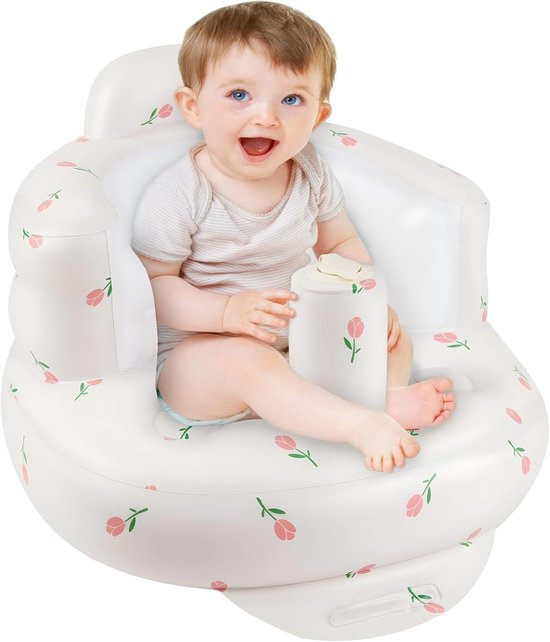 Opblaasbaar baby leert-zitbankje wit met roze tulpenprint 50×58×37 cm, opblaas kinderzitje met bekerhouder, waterbestendig draagbaar zitmeubel voor thuis en uitjes