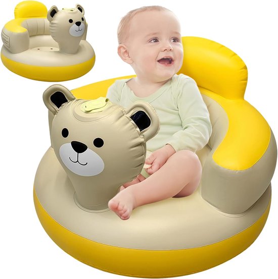 Opblaasbaar baby leert-zitstoel met cartoon beer geel-beige, opblaas zitje met bekerhouder voor baby's binnen thuis,50*47*34cm