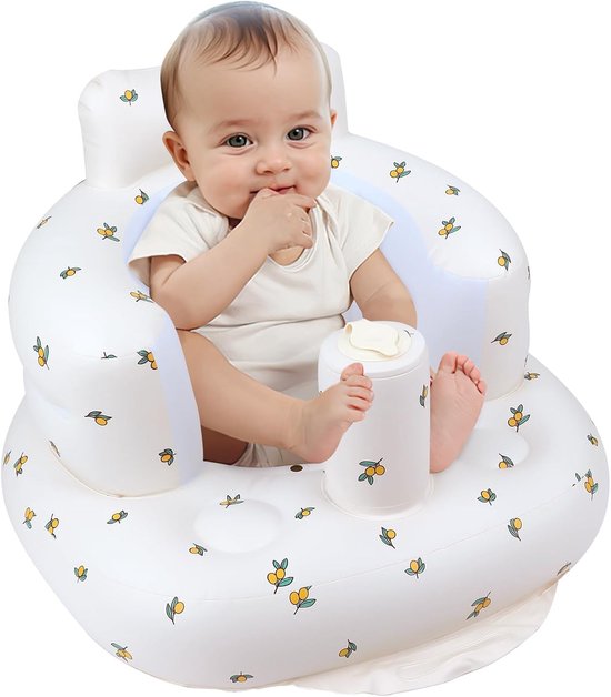 Opblaasbaar baby leert-zitstoel olijfprint wit 50×58×37 cm, opblaas speelzitje met bekerhouder, draagbaar waterbestendig babyzitje voor thuis en op reis