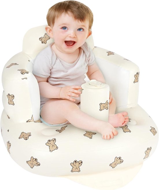Opblaasbaar baby leert zitten bankje crème met berenprint, opblaas kinderzitje met armleuningen en hoofdkussen, draagbaar waterbestendig baby speelzitje voor thuis en op reis,50*58*37CM