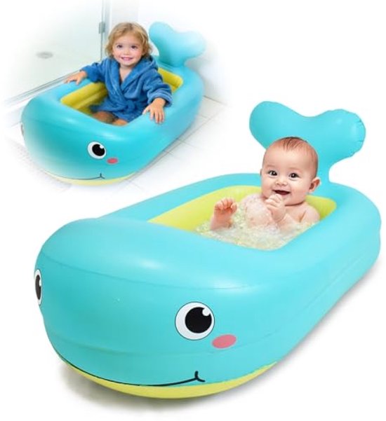 Opblaasbaar babybad walvis - Draagbaar opvouwbaar reisbad voor baby - Geschikt voor thuis en op reis - Blauw