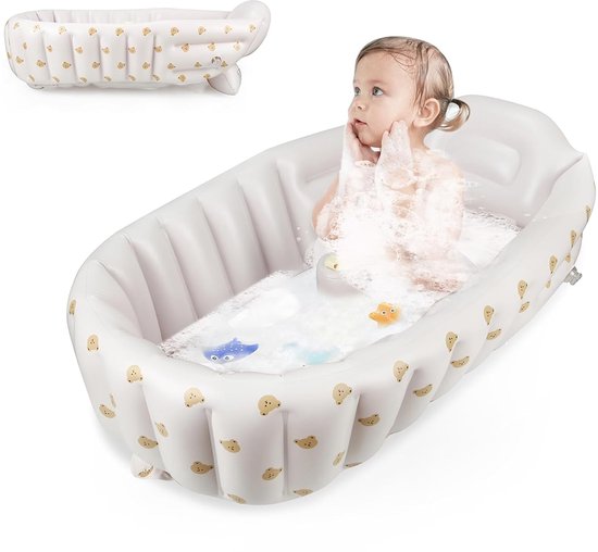 Opblaasbaar babybadje met geïntegreerde ingebouwde luchtpomp – Geen externe pomp nodig | Antislip, draagbaar peuterbadje | Reisvriendelijk, opvouwbaar babybadje voor pasgeborenen tot 24 maanden (Beren)