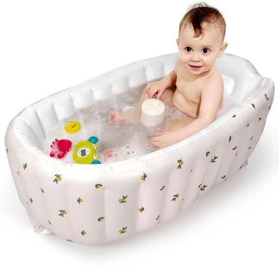 Opblaasbaar babybadje voor peuters en kinderen – Zelfopblazend ontwerp, geen pomp nodig, opblazen door op het midden te drukken – Draagbaar en inklapbaar reisbadje voor baby's van 0 tot 36 maanden (Olive Bath)