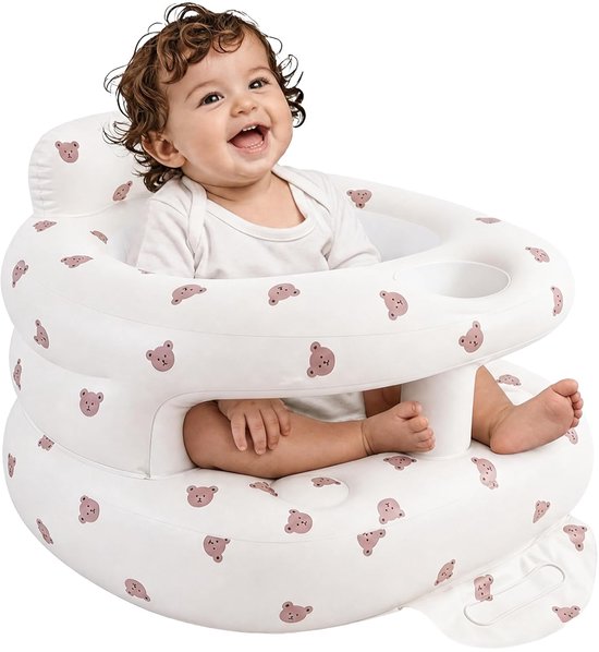 Opblaasbaar Babyzitje 3‑36 Maanden, Babystoel met Veiligheidsrand & Ingebouwde Luchtpomp, Vloerzitje met Rugsteun, Thuis & Reizen, Kleine Beer - Groot Formaat