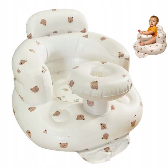 Opblaasbaar Babyzitje - Baby Stoeltje met Berenprint - Omringende Ondersteuning - Hoge Gebogen Rugleuning - Ingebouwde Luchtpomp - Opvouwbaar PVC Ontwerp - Voor Baby’s van 3-36 Maanden, Binnen en Buiten