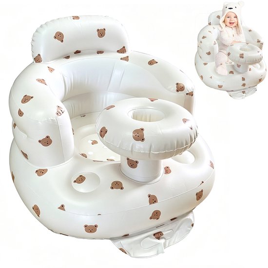 Opblaasbaar babyzitje - Met dienblad - Babyzitje om te leren zitten - Omhullend ontwerp - Helpt baby's leren zitten - 51*50*42 cm - Comfortabel en veilig - Berenprint - Ingebouwde luchtpomp - PVC-materiaal - Geschikt voor baby's van 3 tot 36 maanden