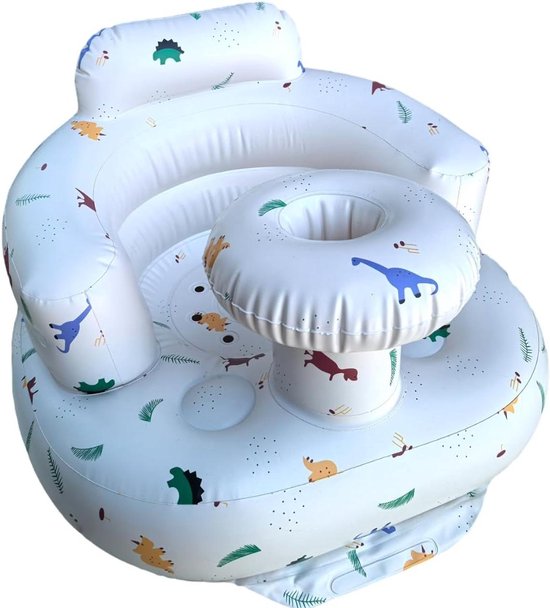 Opblaasbaar babyzitje met geïntegreerde luchtpomp - Voor baby's van 4-24 maanden - Kinderrugsteun - Peuterstoel voor leren - Douchestoel - Baby-outdoorzitje (dinosaurus)