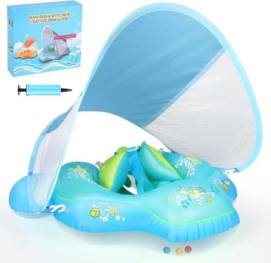Opblaasbaar Babyzwemvlotter - Babyzwembad Float met Zonnekap - Pasgeboren Zwemhulp met Leren Zwemmen - Babyzwembad Ring - Zitje & Pomp - 6-36 Maanden baby zwembad van Aozbz