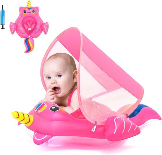 Opblaasbare Baby Zwemfloat - Babypool Float voor 6-36 Maanden - Baby Meisje met Zonnescherm - Opblaasbare Baby Zwemring voor Peuters en Kinderen van 1-3 Jaar - Felroze Eenhoorn