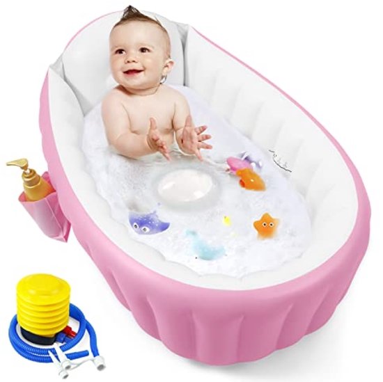 Opblaasbare babybadkuip roze – draagbaar reisbad voor baby's 0-36 maanden met luchtpomp, antislip bodem en opvouwbaar