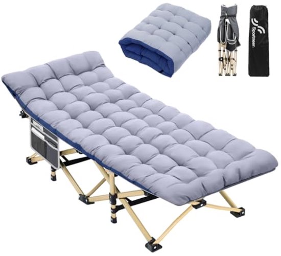 Opklapbaar veldbed met matras - Extra breed logeerbed voor binnen en buiten - 188x71 cm - Draagbaar en stevig van Merkloos