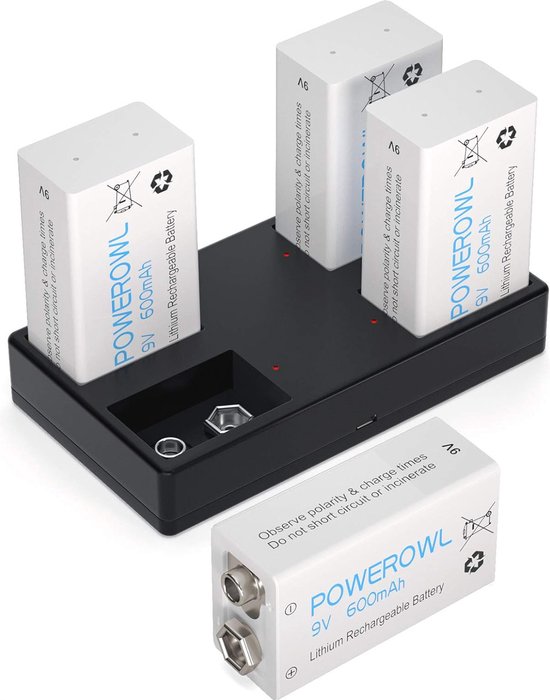 Oplaadbare 9 V Blokbatterij met Oplader - Lithium-ion, 600 mAh, 4 Stuks, Lange Levensduur, Laag Zelfontlating van $