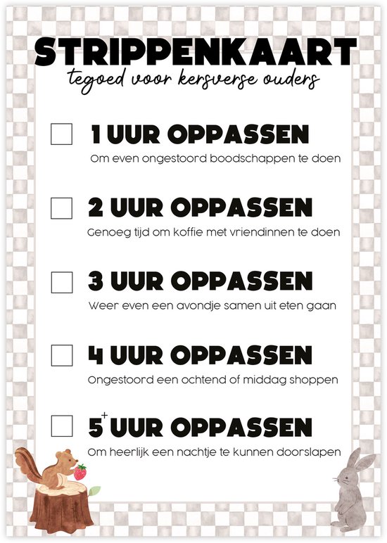 Oppasstrippenkaart A5 tegoedkaart oppassen – Kraamcadeau - Babyshower - Kraammand van Merkloos