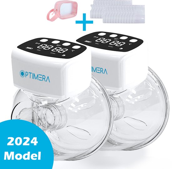 OPTIMERA® - Elektrische Borstkolf - Handsfree Borstkolf - Dubbele Elektrische Borstkolf - Incl. 20 Moedermelk Bewaarzakjes, 4 Verschillende Borstmaten & Reistas van Opti