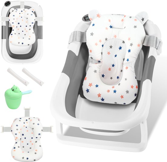 Opvouwbaar Baby Bad - Babybadje met Digitale Thermometer - Kinderbad - Incl Badkussen - Grijs