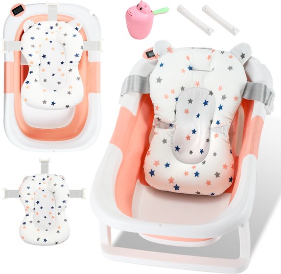 Opvouwbaar Baby Bad - Babybadje met Digitale Thermometer - Kinderbad - Incl Badkussen - Roze van Denoa