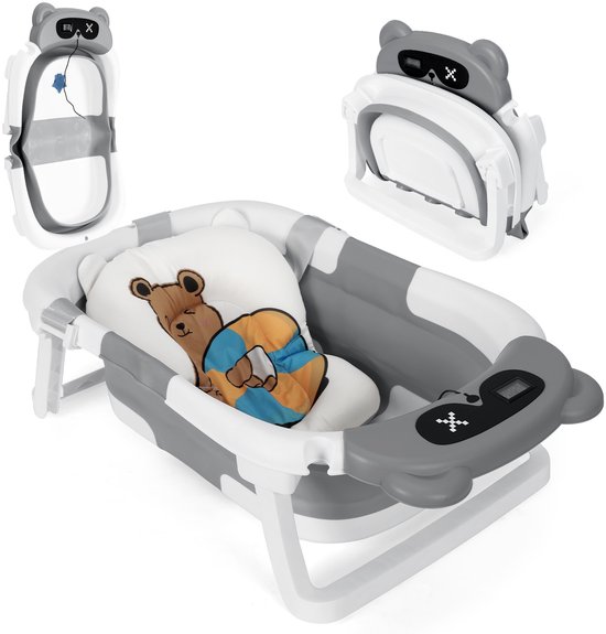 Opvouwbaar Baby Bad inclusief kussen - Babybad Met ingebouwde Temperatuur - Peuterbad - Grijs
