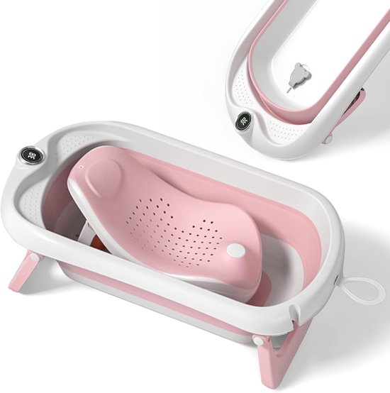 Opvouwbaar Baby Bad - Met Antislip Zitje en Digitale Thermometer - Veilig Babybadje Voor Pasgeborenen Tot 3 Jaar - Inklapbaar Babybad Met Temperatuurcontrole - Roze