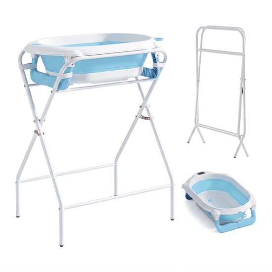 Opvouwbaar babybad met standaard – 3-in-1, met temperatuurweergave, voor baby en peuter,Compact badje met ingebouwde thermometer – draagbaar en ruimtebesparend – blauw