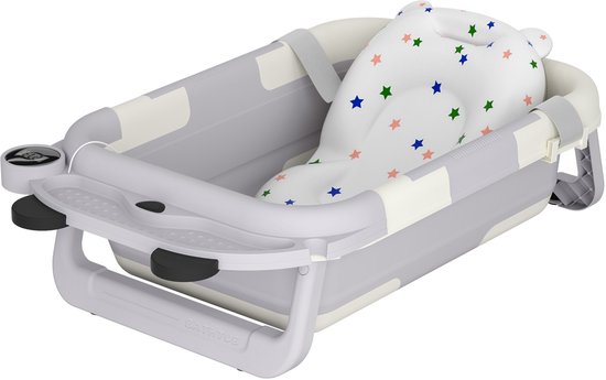 Opvouwbaar babybadje (68x41x19cm) Draagbaar badzitje met thermometer, badkussen en antislipframe Kinderbadje Babybadje voor pasgeborenen en baby's van 0-24 maanden (Beer & Kip) NAIZY van Merkloos