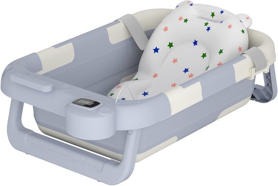 Opvouwbaar babybadje (68x41x19cm) Draagbaar badzitje met thermometer, badkussen en antislipframe Kinderbadje Babybadje voor pasgeborenen en baby's van 0-24 maanden (grijs) NAIZY van Merkloos