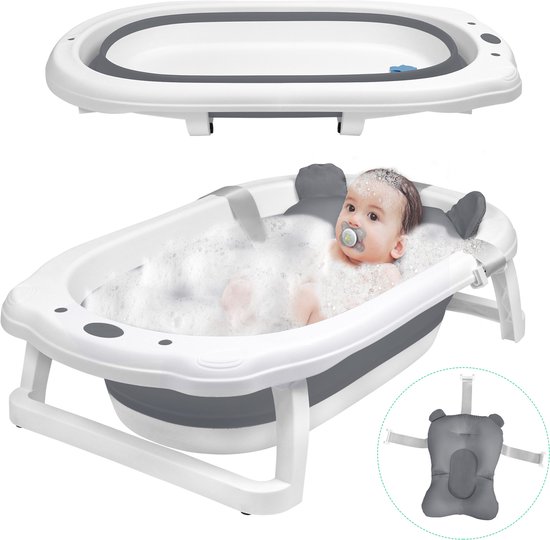 Opvouwbaar babybadje (82x50x22 cm), ruimtebesparende badzitje met badkussen en antislipframe, plastic kinderbadje/babybadje (Grijs) NAIZY