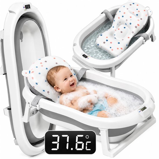 Opvouwbaar babybadje grijs met lcd-thermometer en kussentje Babybad