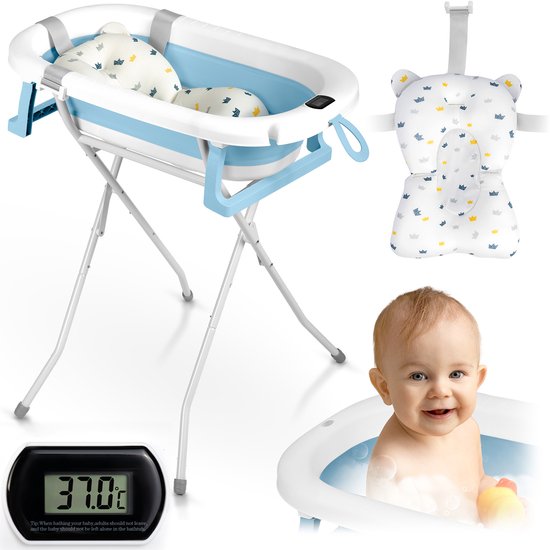 Opvouwbaar babybadje met standaard, thermometer en inzetstuk Ricokids RK-287 wit-blauw van Ricokids