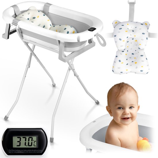 Opvouwbaar babybadje met standaard, thermometer en inzetstuk Ricokids RK-287 wit-grijs van Ricokids