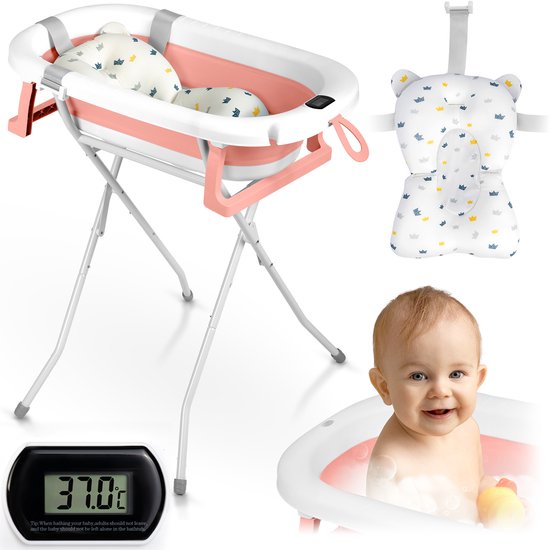 Opvouwbaar babybadje met standaard, thermometer en inzetstuk Ricokids RK-287 wit-roze van Ricokids