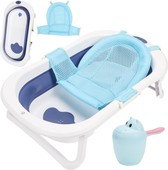 Opvouwbaar babybadje met temperatuurmeter en badnet - 83 x 46 x 21 cm - antislip - Blauw - 0-12 maanden