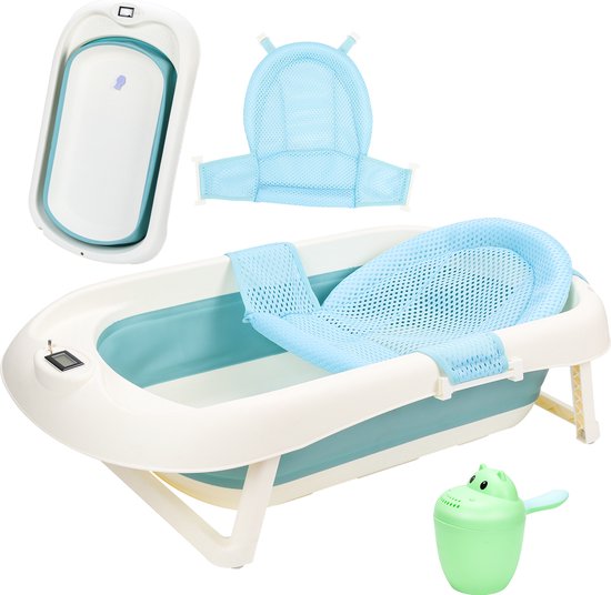 Opvouwbaar babybadje met temperatuurmeter en badnet - 83 x 46 x 21 cm - antislip - Groen - 0-12 maanden