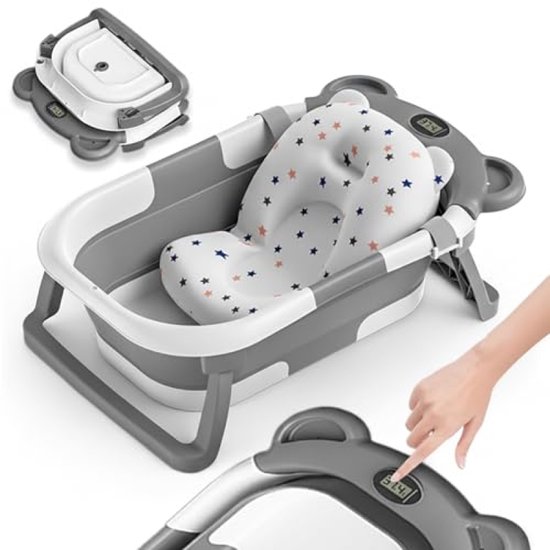 Opvouwbaar Babybadje met Thermometer en Comfortabel Badkussen - Grijs