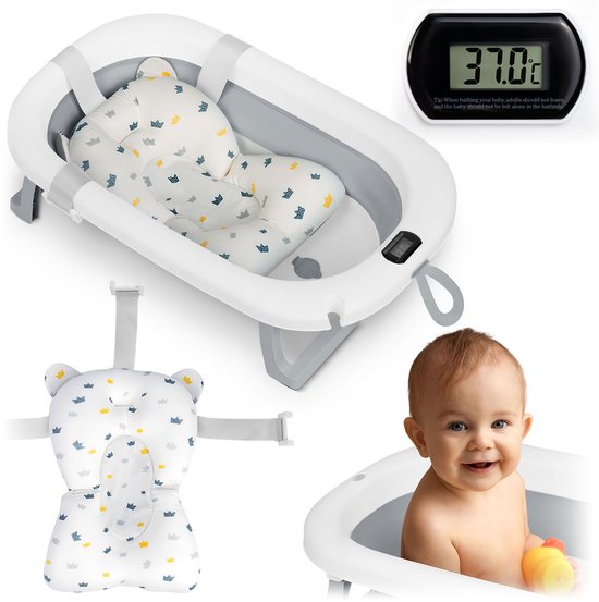 Opvouwbaar babybadje met thermometer en inzetstuk Ricokids RK-287 wit-grijs van Merkloos