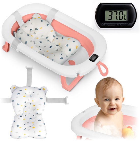 Opvouwbaar babybadje met thermometer en inzetstuk Ricokids RK-287 wit-roze