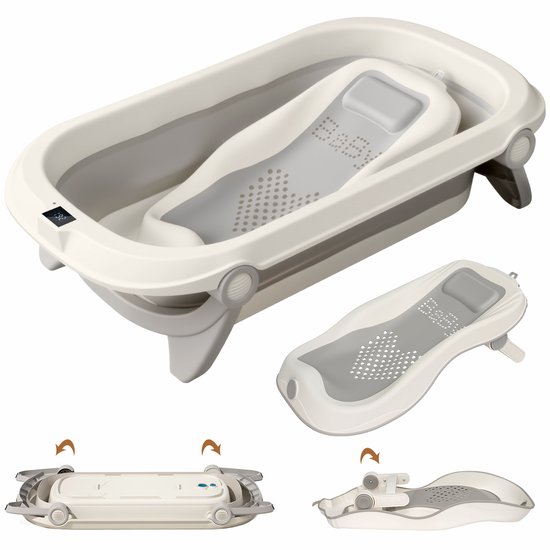 Opvouwbaar Babybadje voor Baby en Kind, met Thermometer en Badzitje, 2 Hoogtes Verstelbaar, Antislip TPE Kussen, 0-6 Jaar