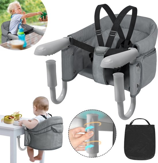 Opvouwbaar babyzitje, babystoel, hoge stoel, zitverhoging, boosterstoel, eetkamerstoel om op te hangen, met antislipklemmen voor dikke tafelbladen, voor thuis en onderweg, met draagtas, grijs van Baninni