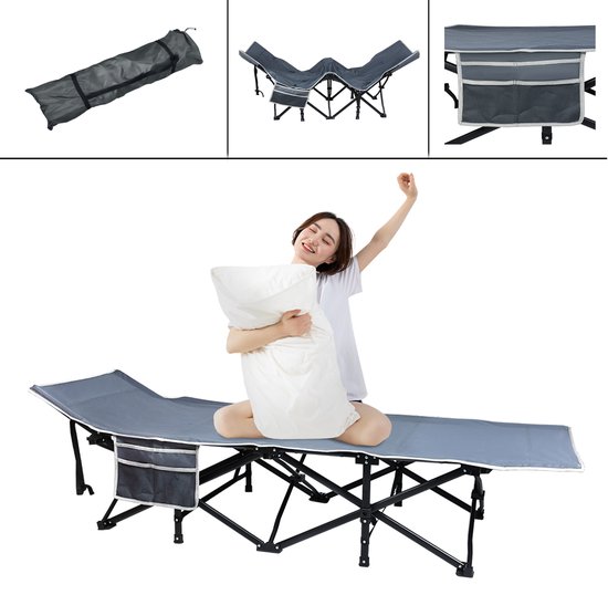 Opvouwbaar campingbed, veldbed, klapbed, campingstoel, draagbaar met zijvak en draagtas, 190 x 62 x 38 cm, stabiele metalen buis, tot 250 kg belastbaar, 600D Oxford-weefsel, voor camping,