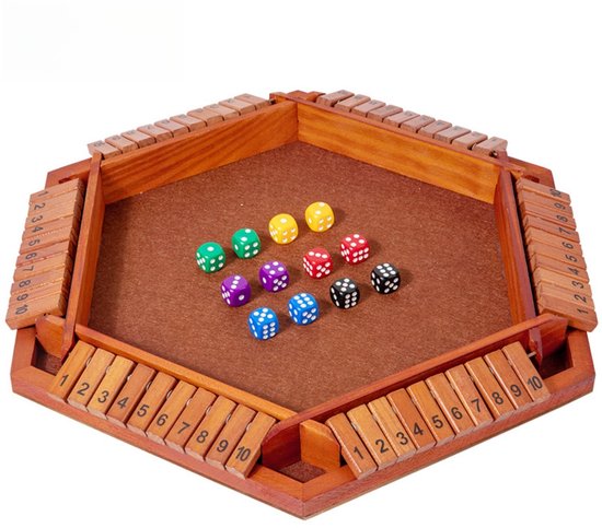 Opvouwbaar rekenbordspel voor 6 spelers, bordspel ‘Box-Closing’, houten bordspel met dobbelstenen, houten spel ‘Box-Closing’, compleet met 12 dobbelstenen, geschikt voor klaslokalen, gezinnen en bijeenkomsten (Koffiebruin)