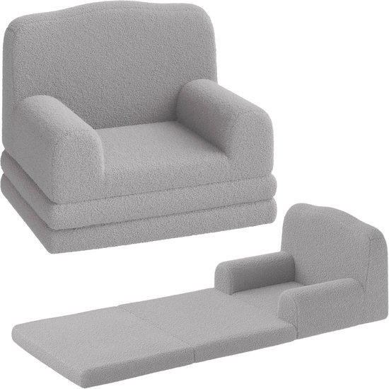 Opvouwbare 2-in-1 Kinderbank van Sherpa - Comfortabele Schuimfauteuil om te bouwen tot Lounger - Ideaal voor Kinderkamer & Speelkamer - Grijs
