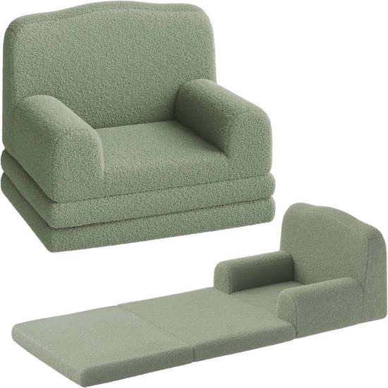 Opvouwbare 2-in-1 Kinderbank van Sherpa - Comfortabele Schuimfauteuil om te bouwen tot Lounger - Ideaal voor Kinderkamer & Speelkamer - Groen van Merkloos
