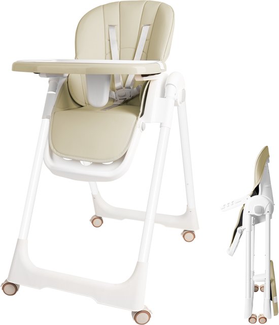 Opvouwbare Baby Hoogstoel - Kinderstoel Met Verstelbare Zitplaats en Wielen - Beige