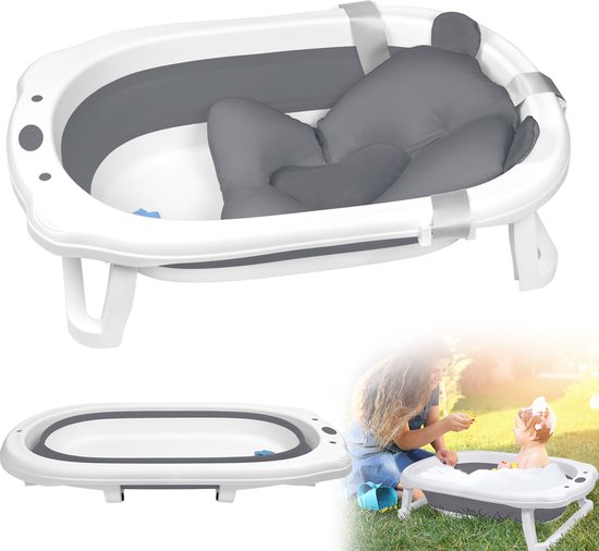 Opvouwbare babybadkuip Babybadkuip Opvouwbare badkuip Ergonomische badkuip Kinderbadkuip 82 x 50 x 20 cm Badkuip Antislip met afvoer Badkuipkussen voor pasgeborenen (antraciet met kussen) van Merkloos