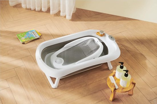 Opvouwbare babybadkuip, draagbare antislip babybadkuip, babydouchebak met veiligheidsbadzitje afvoerschroef, geschikt voor pasgeborenen (grijs) van Momcozy.
