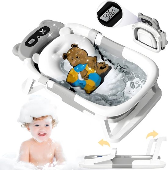 Opvouwbare babybadkuip met badkussen en antislipmat - inklapbare badkuip met thermometer voor pasgeborenen tot 36 maanden