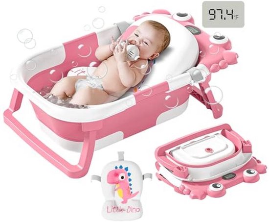 Opvouwbare babybadkuip met temperatuurmonitor en drijvend kussen - Draagbaar reisbad voor baby's 0-36 maanden