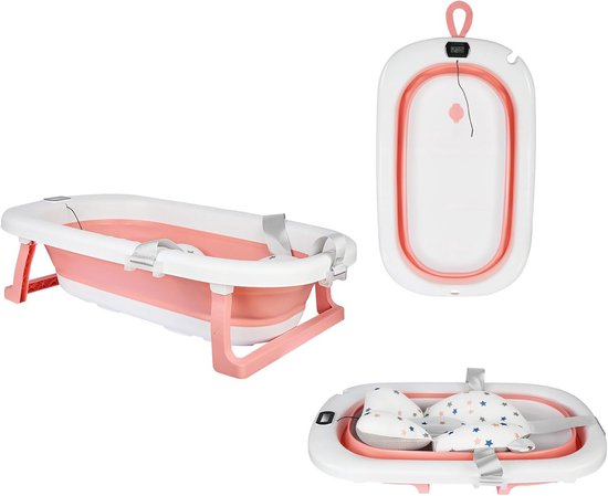 Opvouwbare Badkuip met Afvoergat en Waterthermometer - Inclusief Badkussen, 76x45x18 cm - Geschikt voor Baby's 0-3 Jaar - Lichtgewicht voor Reizen - Pink
