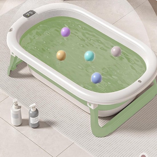 Opvouwbare badkuip voor baby's, met afvoerstop en temperatuurweergave en zitkussen, zeer compact, antislip voeten, B-43 x 71 x 18,5 cm (groen)