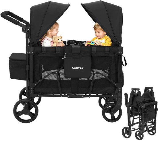 Opvouwbare Bolderkar voor 2 Kinderen met Dubbel Dak en 5-Puntsgordel - Wandelwagen met Afneembaar Dienblad & Opbergtas - Tot 60 kg - Schokdempende Wielen van Merkloos